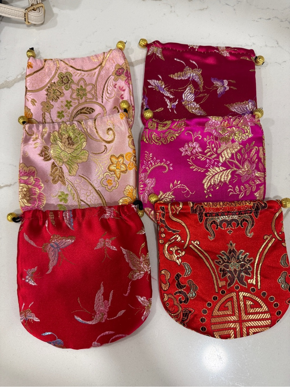 6 Silk Brocade Drawstring Jewelry Pouch - Pink, Fuchsia, Red, Gold Accents